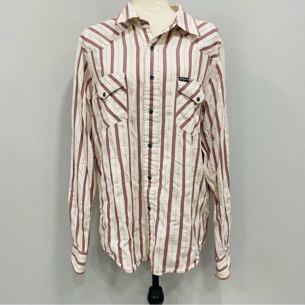SOUTHERN THREAD Women’s L Red Pearl Snap Striped Western Cowgirl Cotton LS Shirt